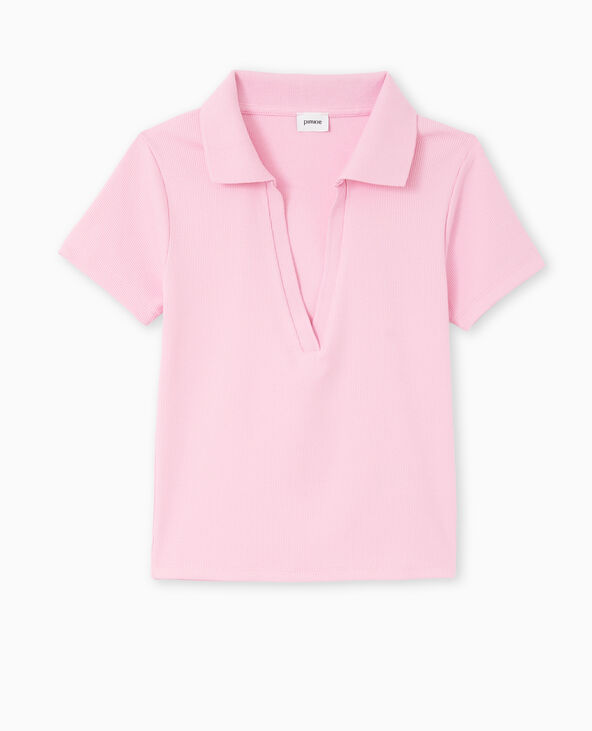 Top col polo en maille côtelée rose - Pimkie