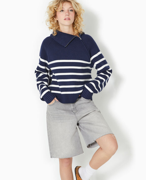 Pull rayé avec col camionneur asymétrique bleu marine - Pimkie