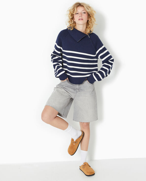 Pull rayé avec col camionneur asymétrique bleu marine - Pimkie