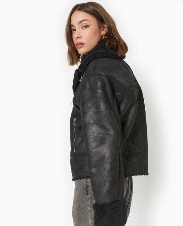 Blouson aviateur en simili cuir doublé de fourrure noir - Pimkie