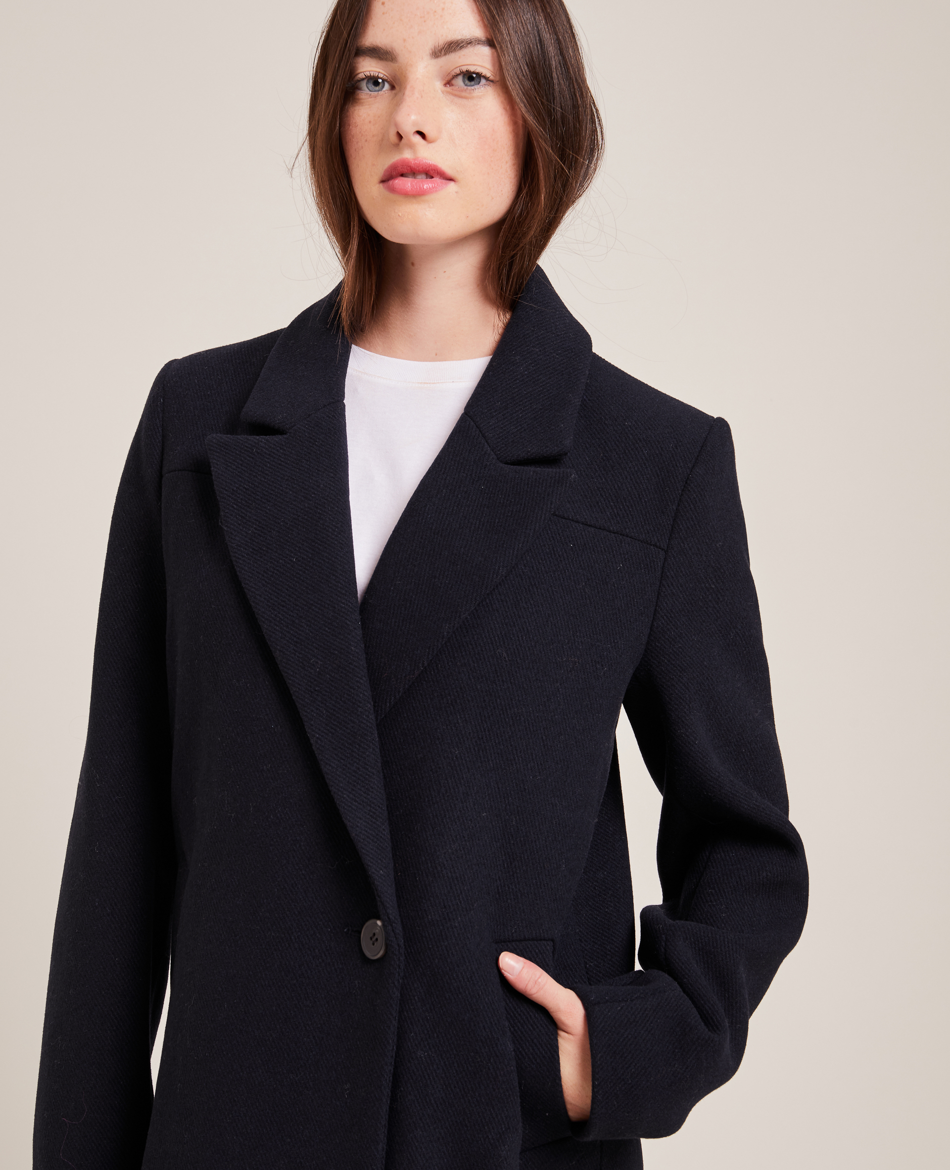 manteau long laine bleu marine femme